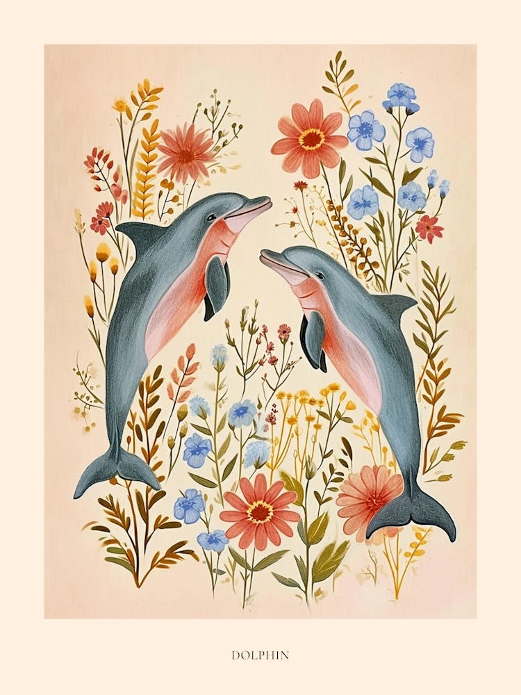 Folksy Floral Animal Drawing Dolphin 2 Poster