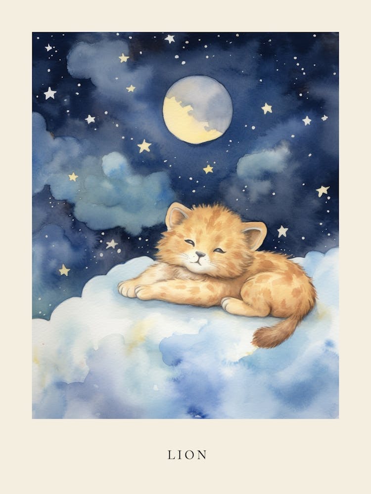 Baby Lion Cub 1 Sleeping In The Clouds Nursery Poster