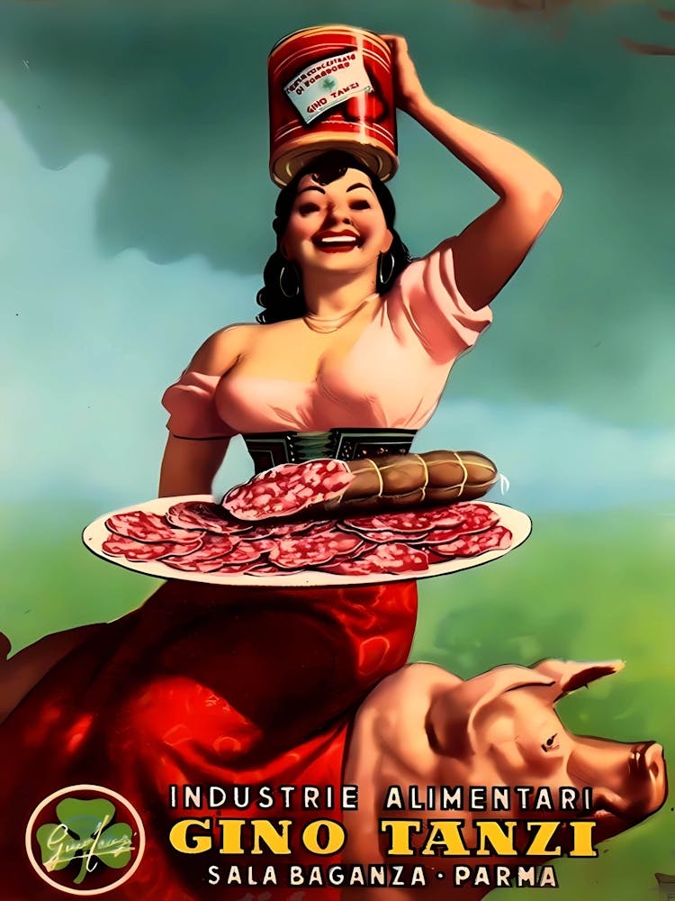 Salami italien, Porc Lady Pig, Aliment, Affiche publicitaire vintage (1)