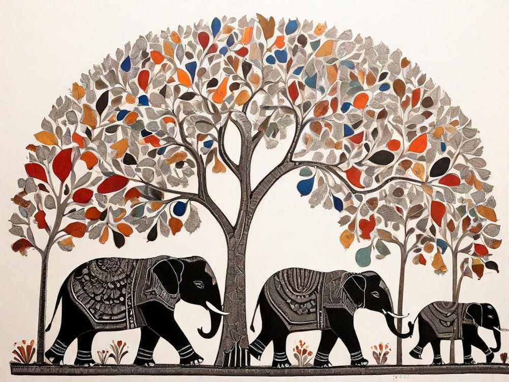 Default Traditional Gond Art From India Of Elephants And Trees 1
