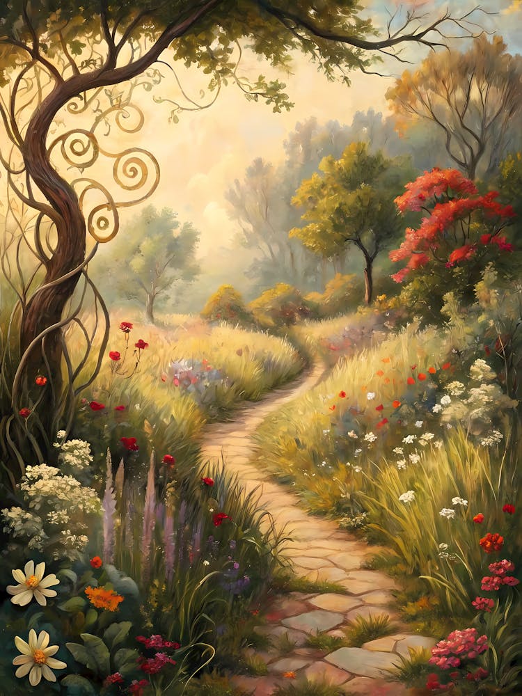 Oil Painting Style Wild Garden Path With Abstract