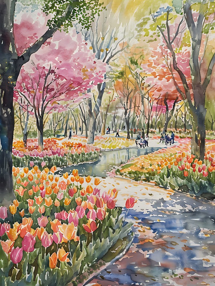 Parc de Tulipes Colorées Aquarelle Murale