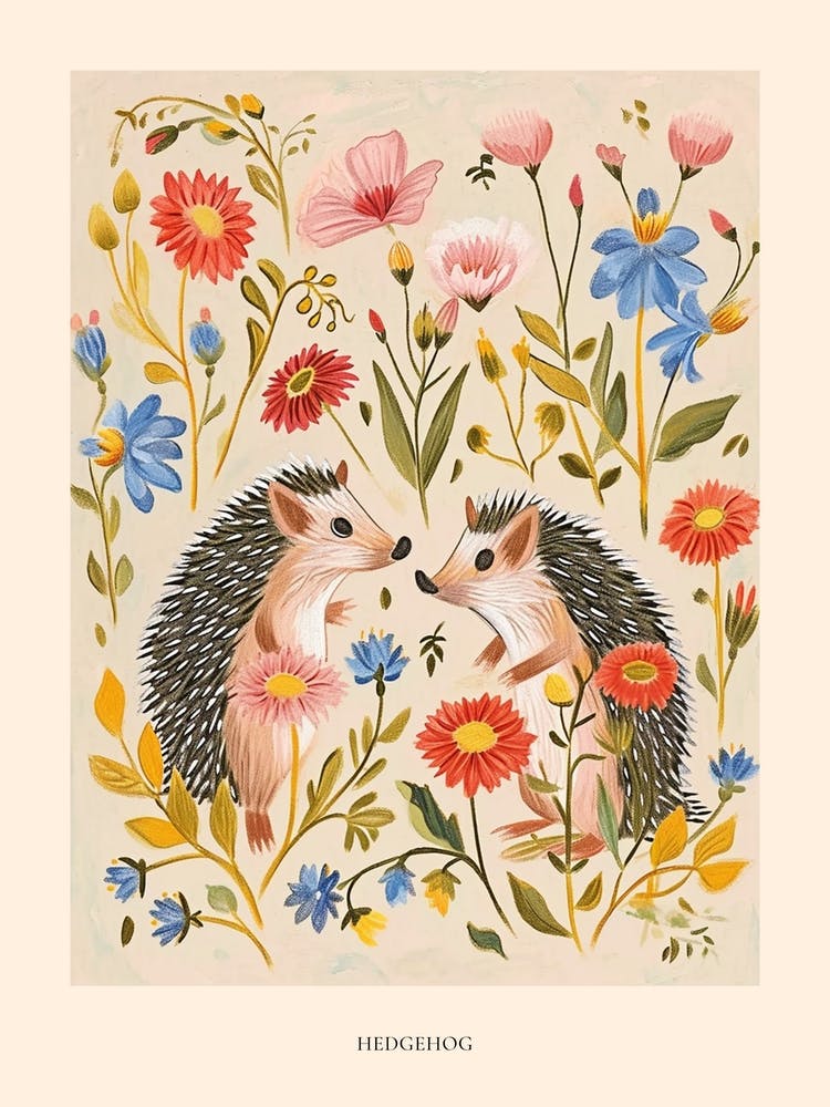 Folksy Floral Animal Drawing Hedgehog 7 Poster