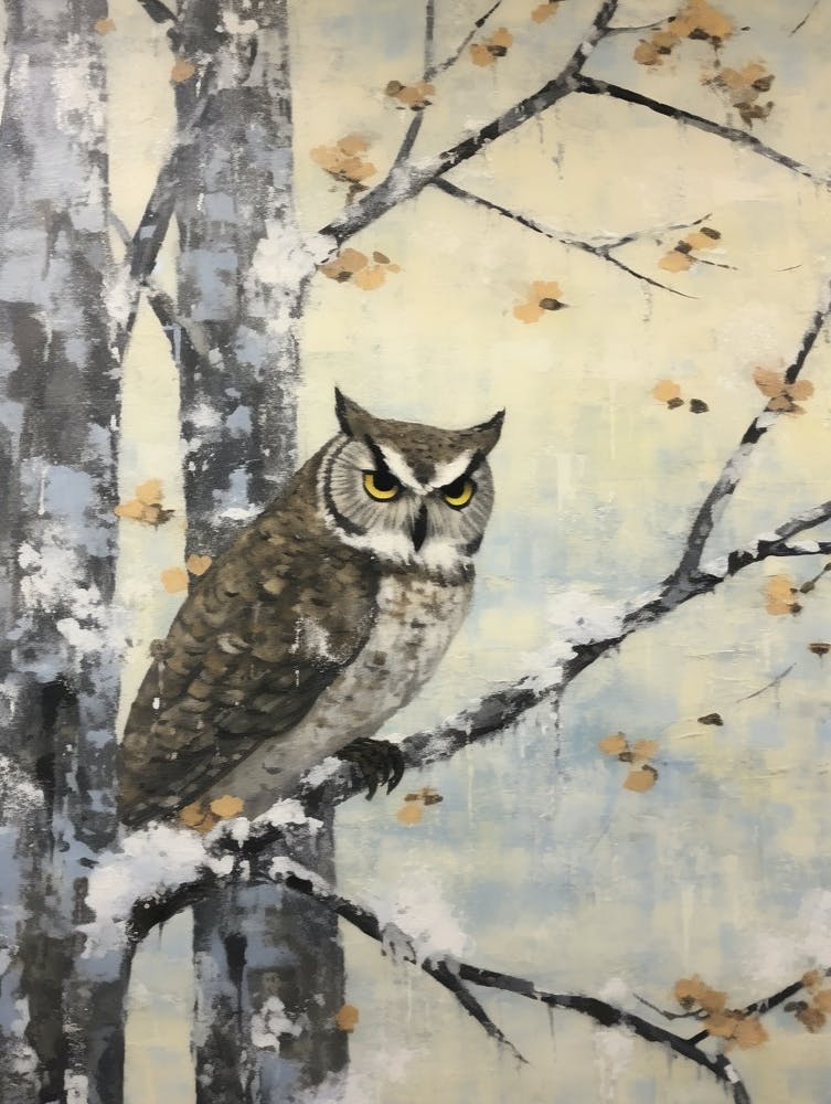 Peinture Animalière Hivernale Vintage Hibou 2