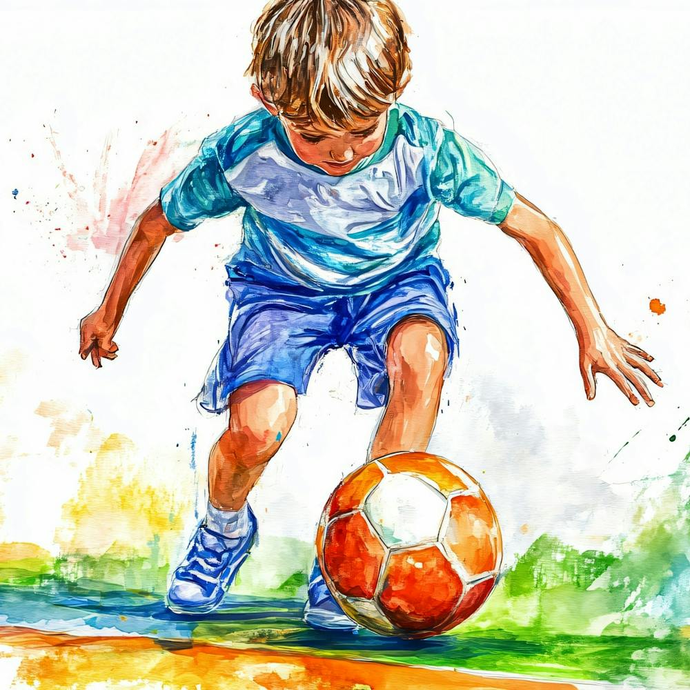 Watercolor Of A Boy Kicking A Soccer Ball