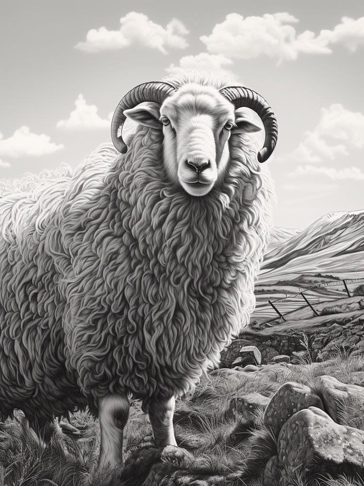 Black & White Illustration Of Highland Sheep With Rocky Landscape