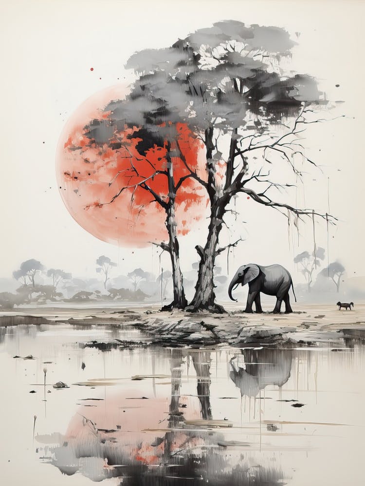 Elephant, Japanese Brush Painting, Ukiyo E, Minimal 1