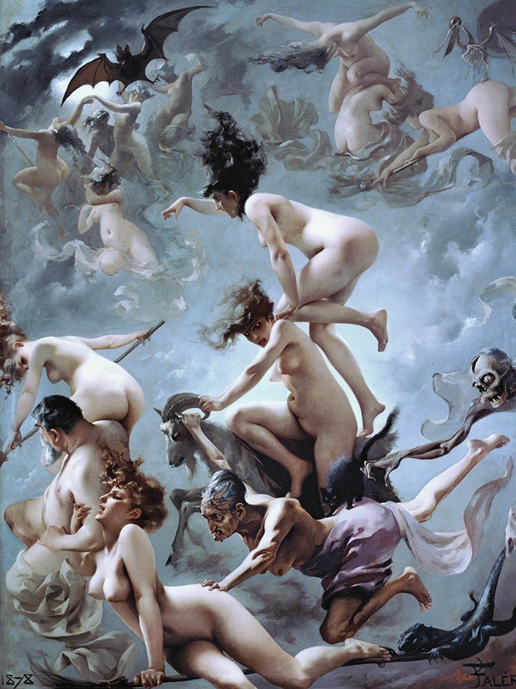 Witches Going to Their Sabbath - Luis Ricardo Falero 1878 - Witchy of Pagan Witchcraft Dark Aesthetic Renaissance Oil Painting Moon Worship Dark Arts and Satan Worship