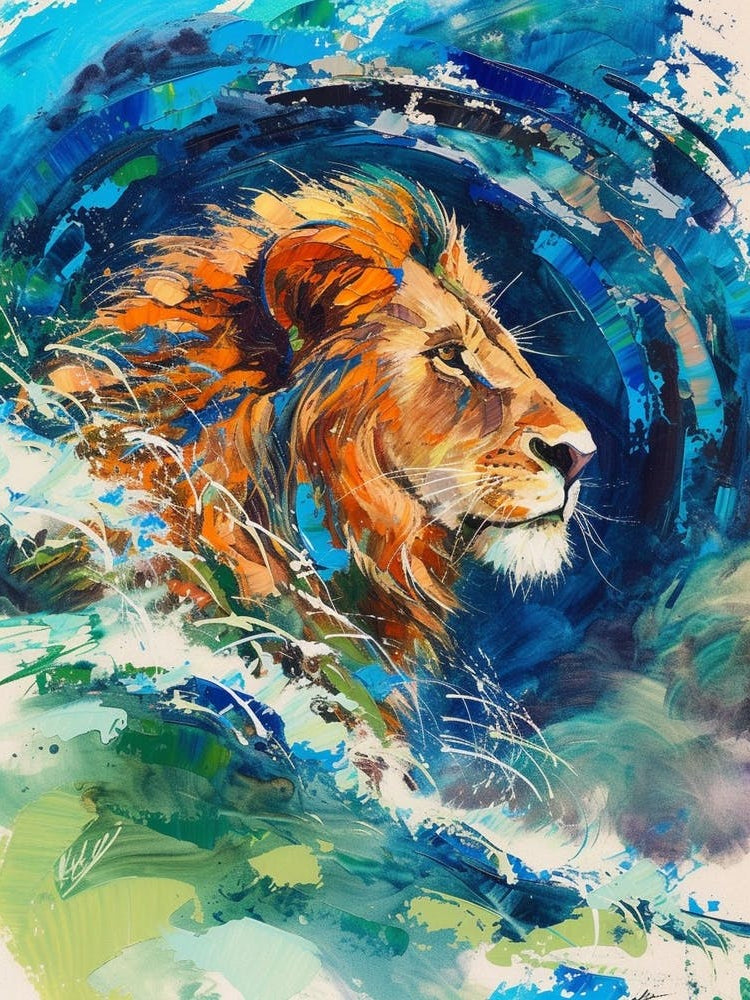 Southwest African Lion Facing A Storm Fauvist Painting 2