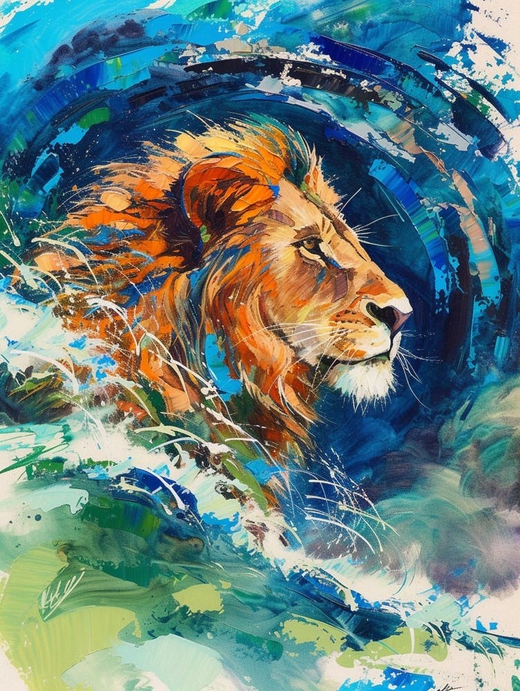 Southwest African Lion Facing A Storm Fauvist Painting 2