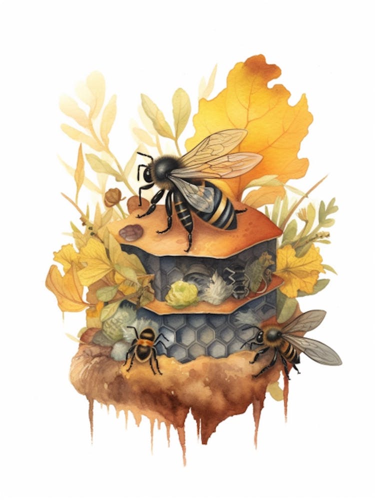 Western Miner Bee Beehive Watercolour Illustration 1