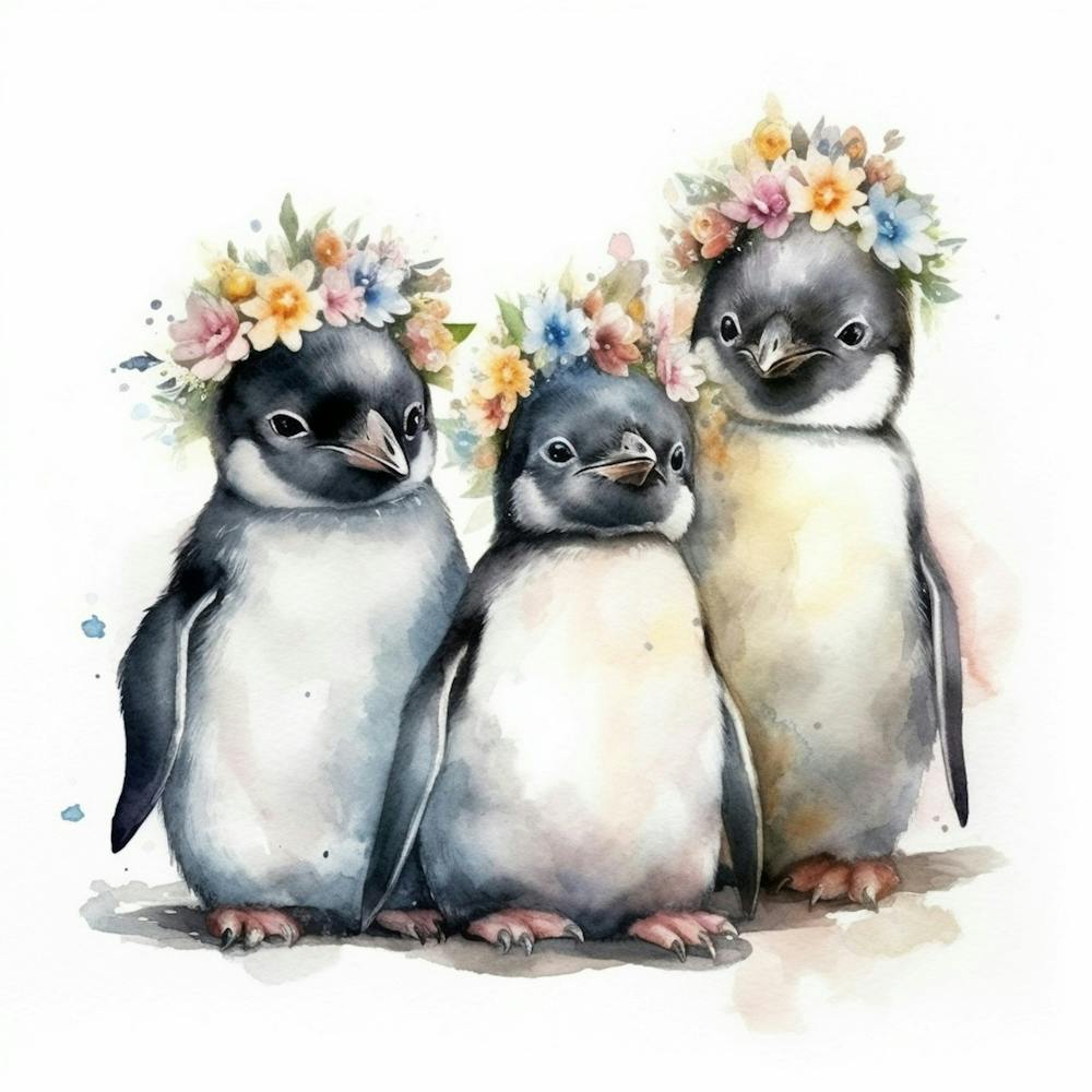 drei Aquarell Baby Pinguine, mit pastell Blumenkranz, minimalistisch