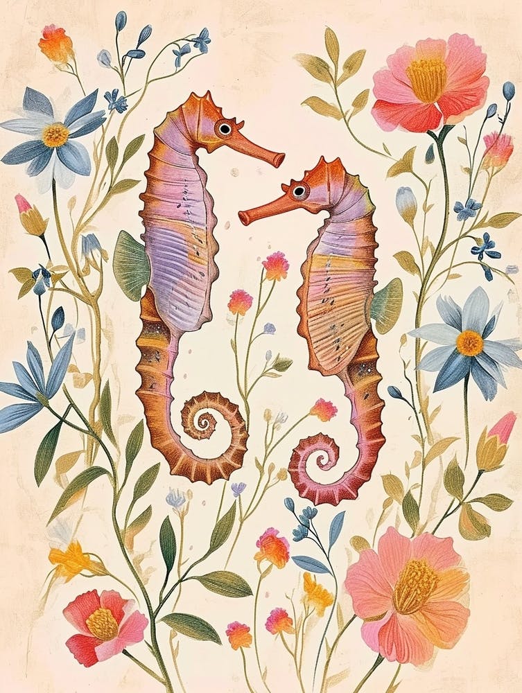 Folksy Floral Animal Drawing Seahorse