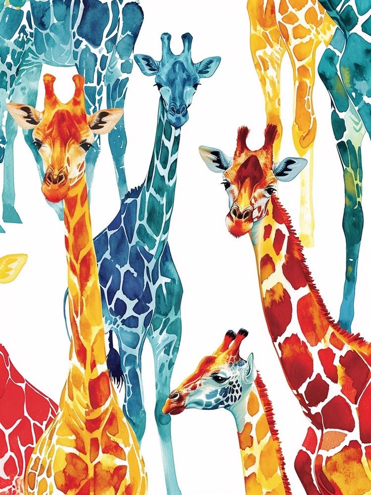 Giraffe Blue Mustard Red Watercolour Pattern 1