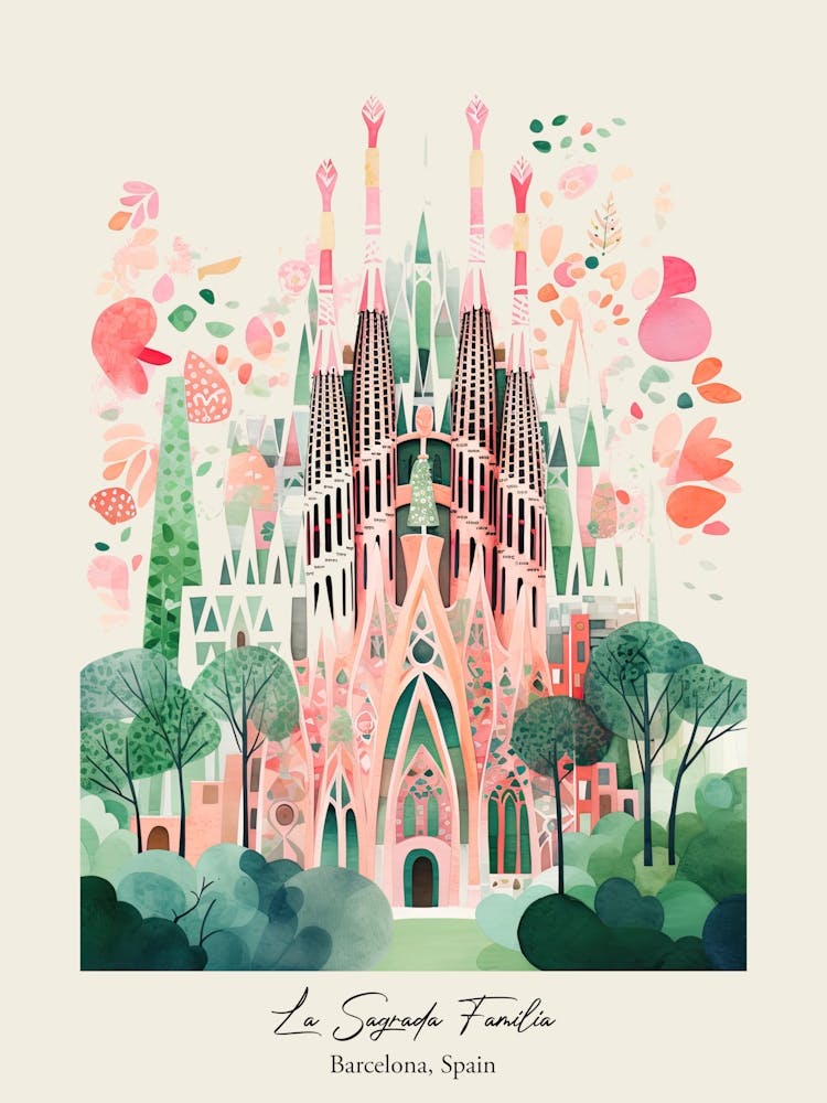 La Sagrada Familia   Barcelona, Spain   Cute Botanical Illustration Travel 6 Poster