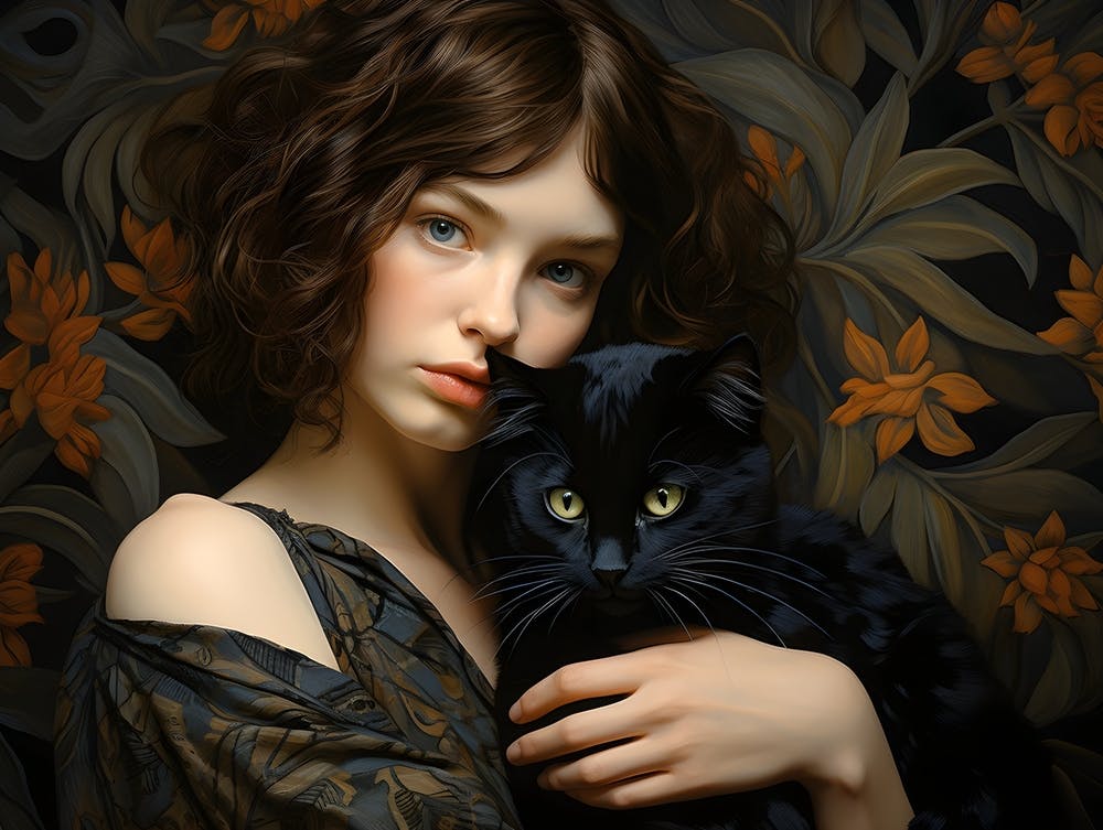 Contemporary Floral Cat And Woman 2