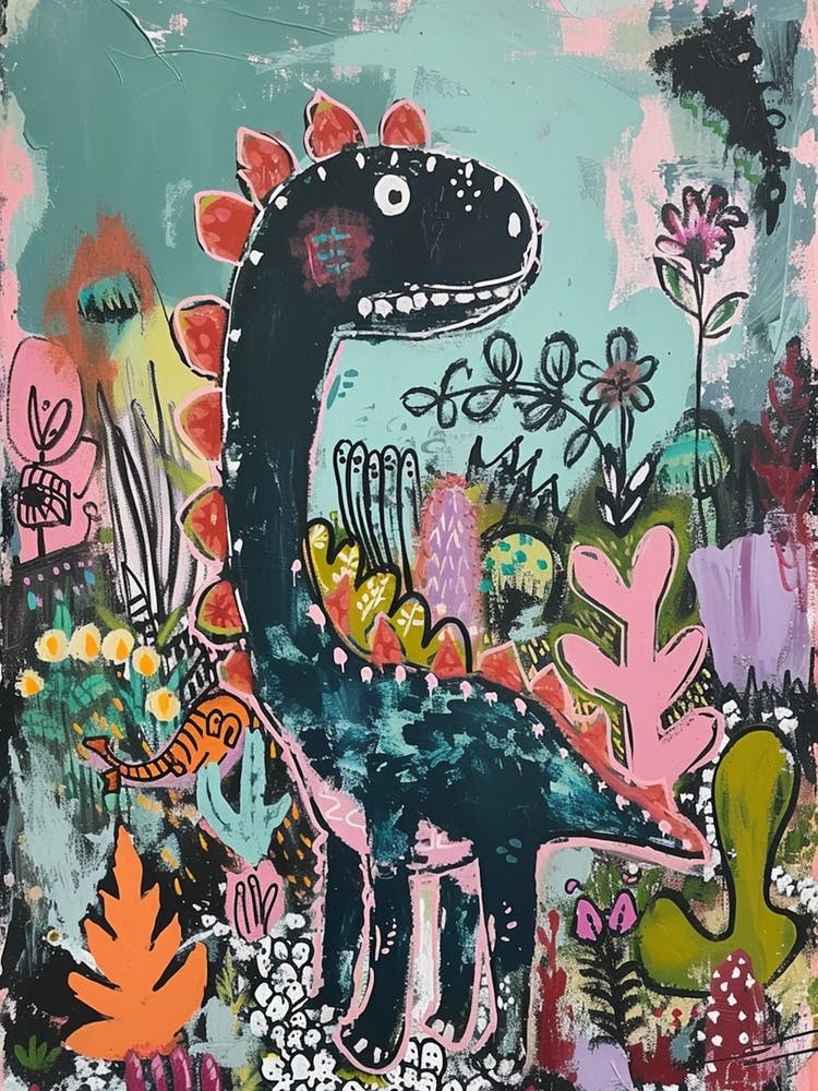 Dinosaur In The Garden Colourful Brushstroke 3