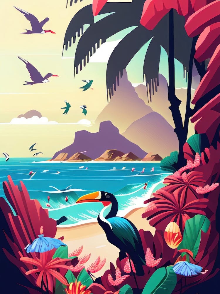 Exotic Floral Bird Island - Retro Landscape Beach and Coastal Theme Travel Poster