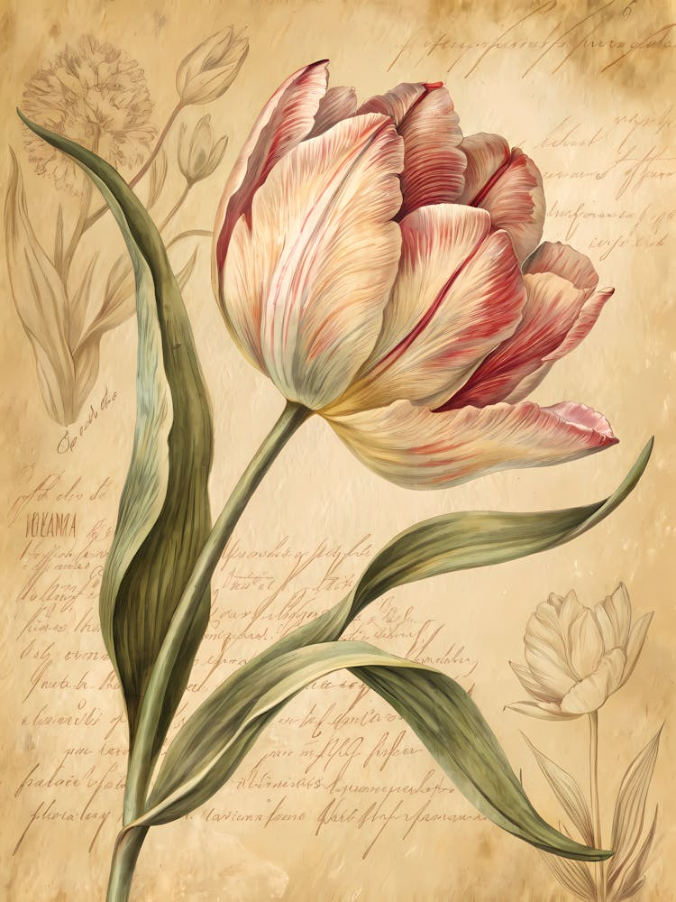 Vintage Botanical Illustration of a Tulip Oil Painting Style
