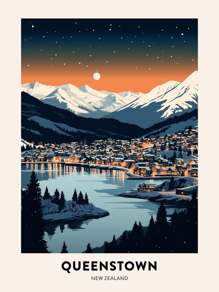 Winter Night  Travel Poster Queenstown New Zealand 2