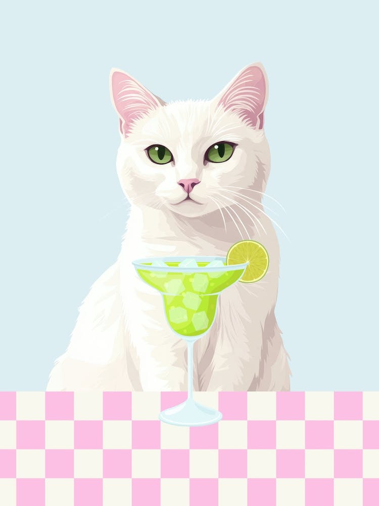 white cat with margharita cocktail art in a girly aesthetic, pink and green trendy wall art perfect for kitchens, bar carts, coffee bars and living rooms, 50s sytle vintage inspired minimalist illustration of a cute cat with drink