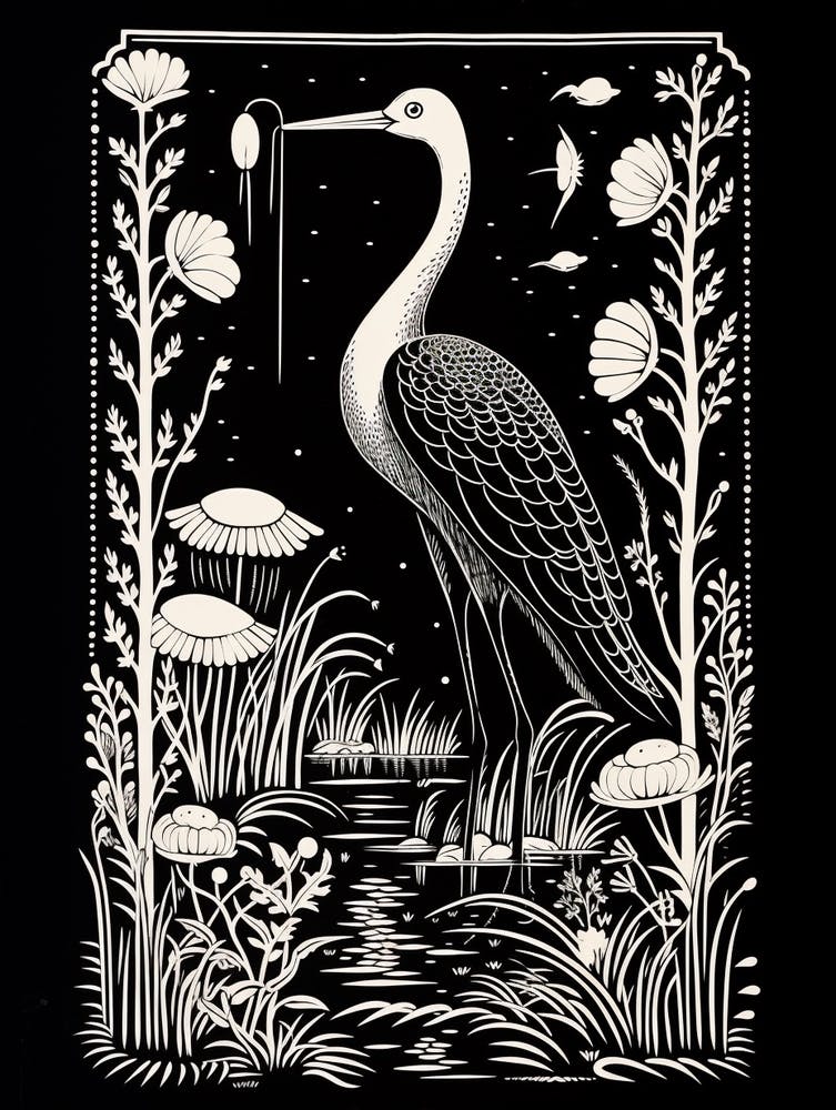 B&W Bird Linocut Crane 2
