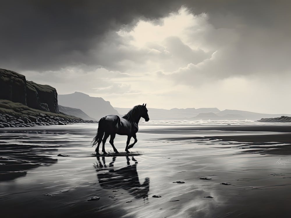 A Horse Oil Painting In Rhossili Bay Wales, Uk, Landscape 4