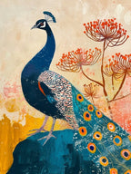 Textured Peacock On A Rock With Plants