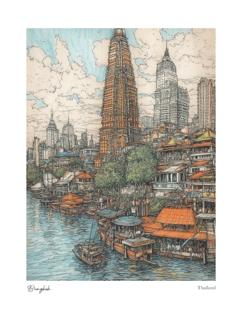 Bangkok Thailand Drawing Pencil Style 3 Travel Poster