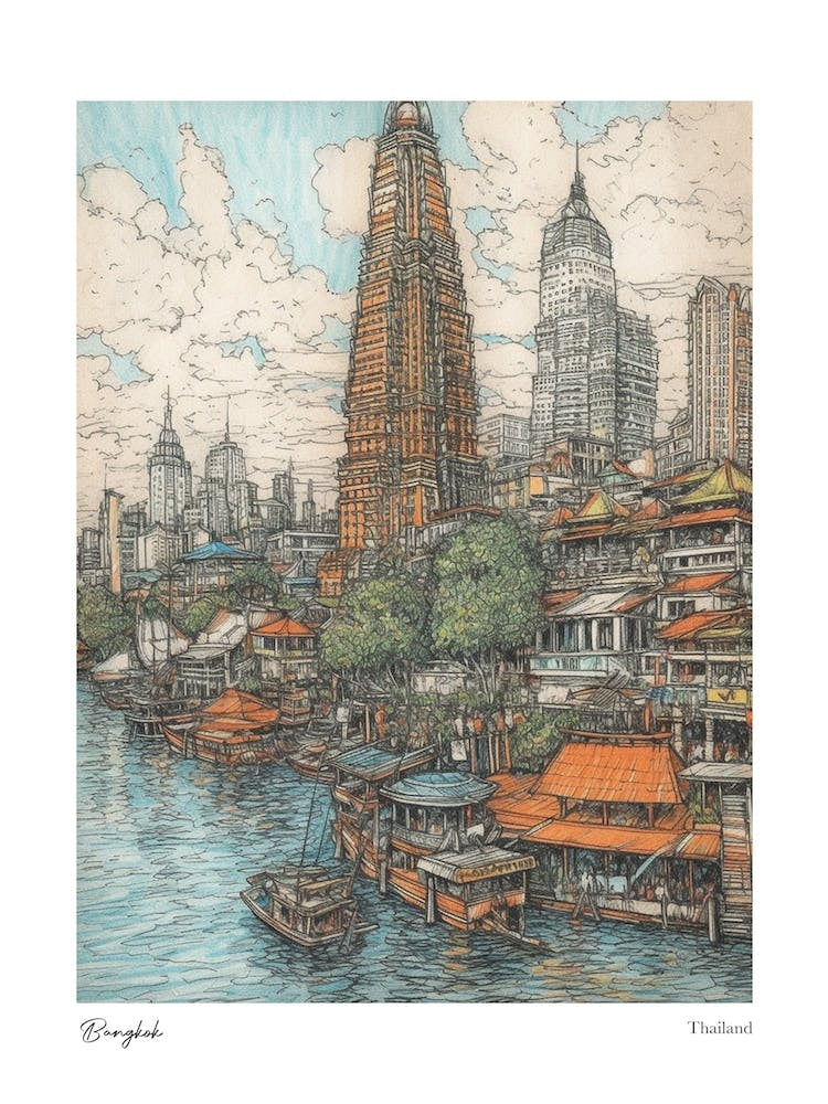 Bangkok Thailand Drawing Pencil Style 3 Travel Poster