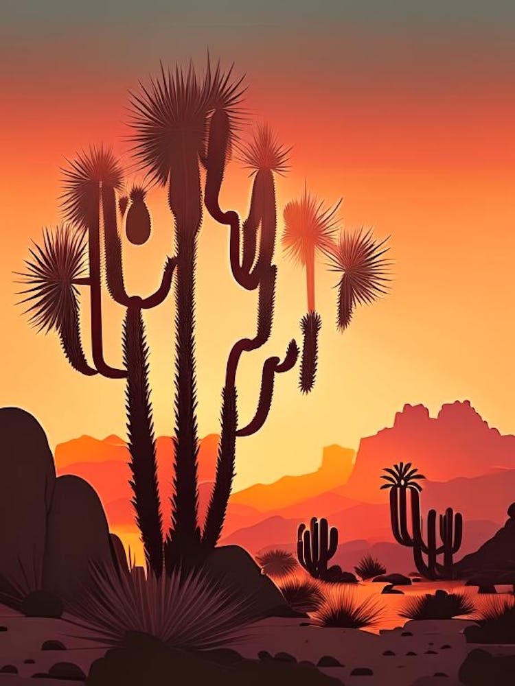 Joshua Trees At Dawn In Desert Retro Illustration (2)