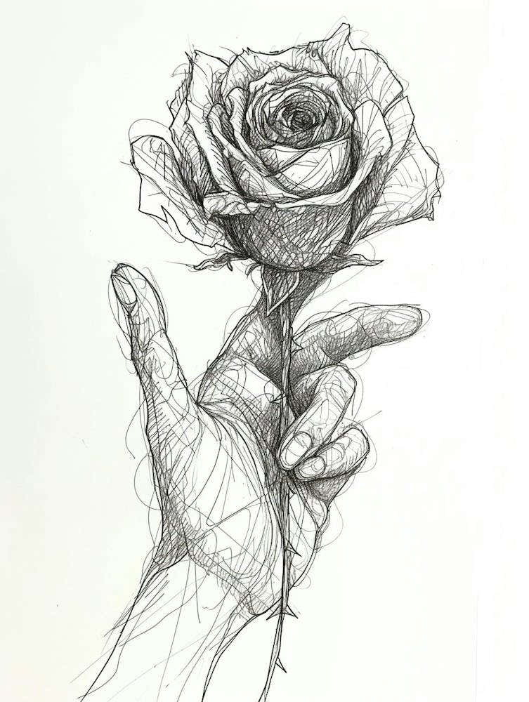 English Rose In Hand Line Drawing 1