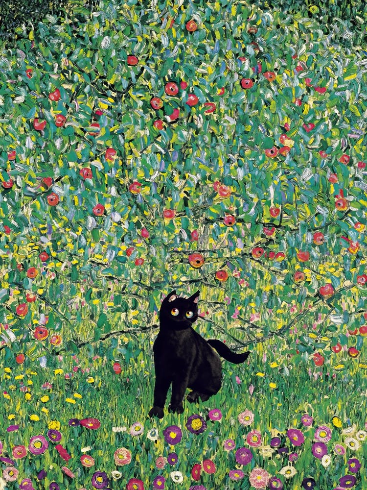 Manzano Apfelbaum With A Black Cat   Gustav Klimt Inspired