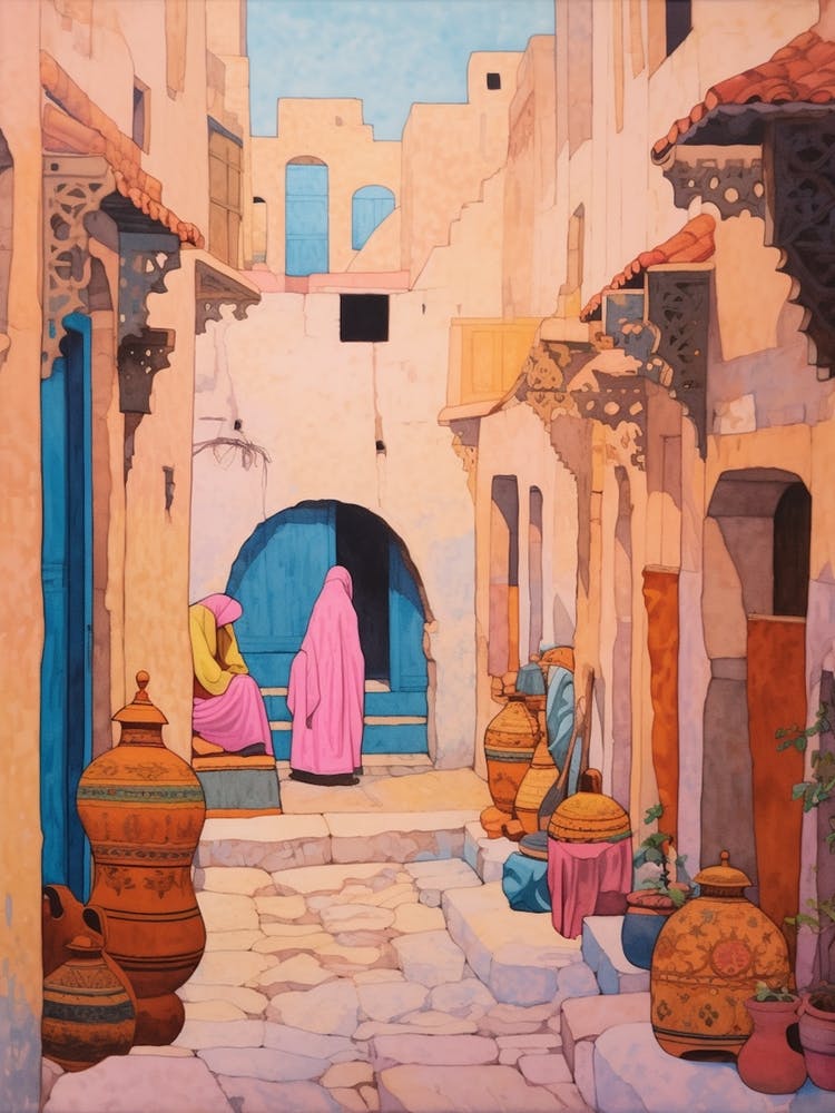 Chefchaouen Marokko 3 Vintage Rosa Reiseillustration