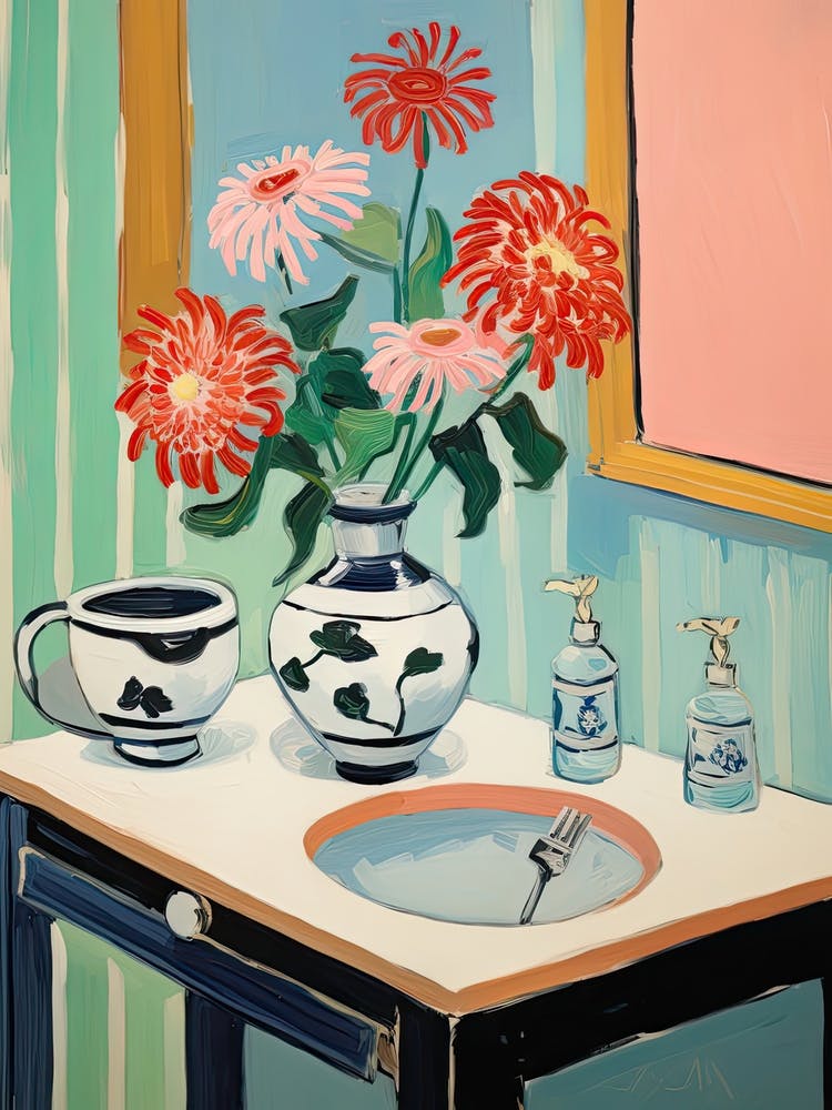 Bathroom Vanity Painting With A Zinnia Bouquet 1