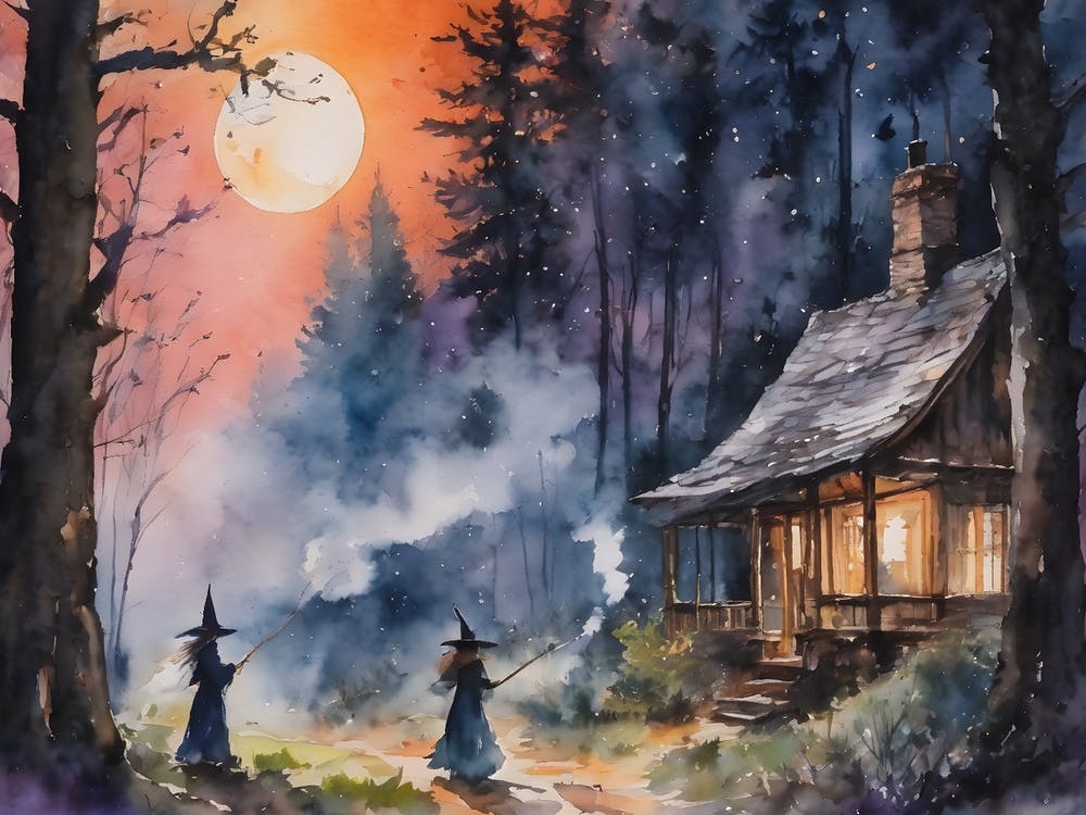 Sunset Mischief - witches causing mayhem as the sun goes down, I wonder who annoyed them? Witchy fairytale Storybook watercolour artwork painting - spellcasting in the forest