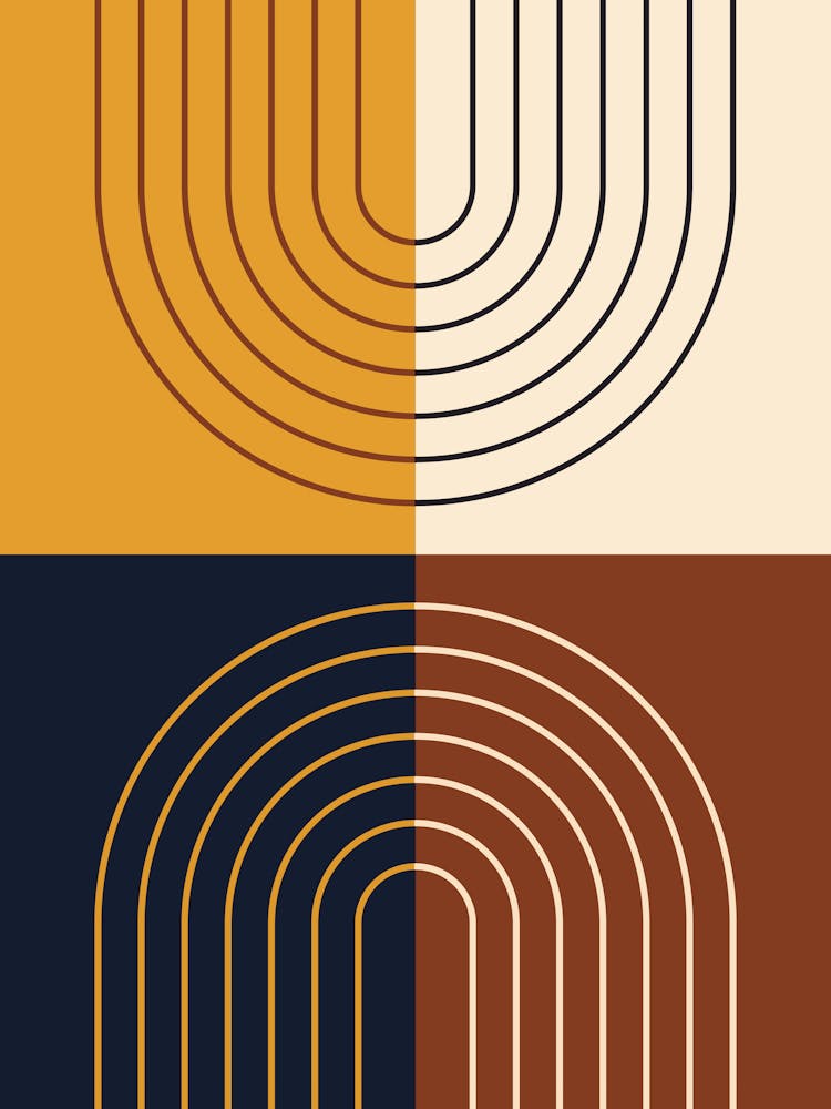 Abstract Rainbow Line and Blocks III in Mustard Brown Black Beige Midcentury Modern