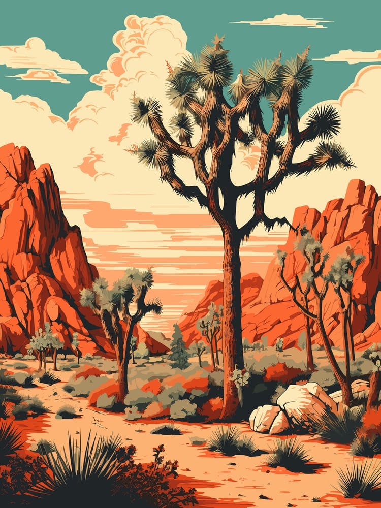 Retro Illustration Of A Joshua Trees In Mountains 3