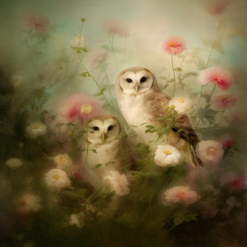 Barn Owls In Flowers