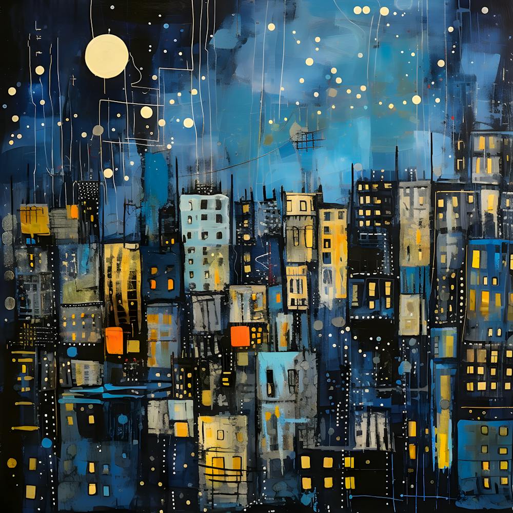 Abstract Cityscape Wall Art Modern Urban Night Skyline Print Blue & Gold City Lights Painting Contemporary Home Decor Starry Night City Poster