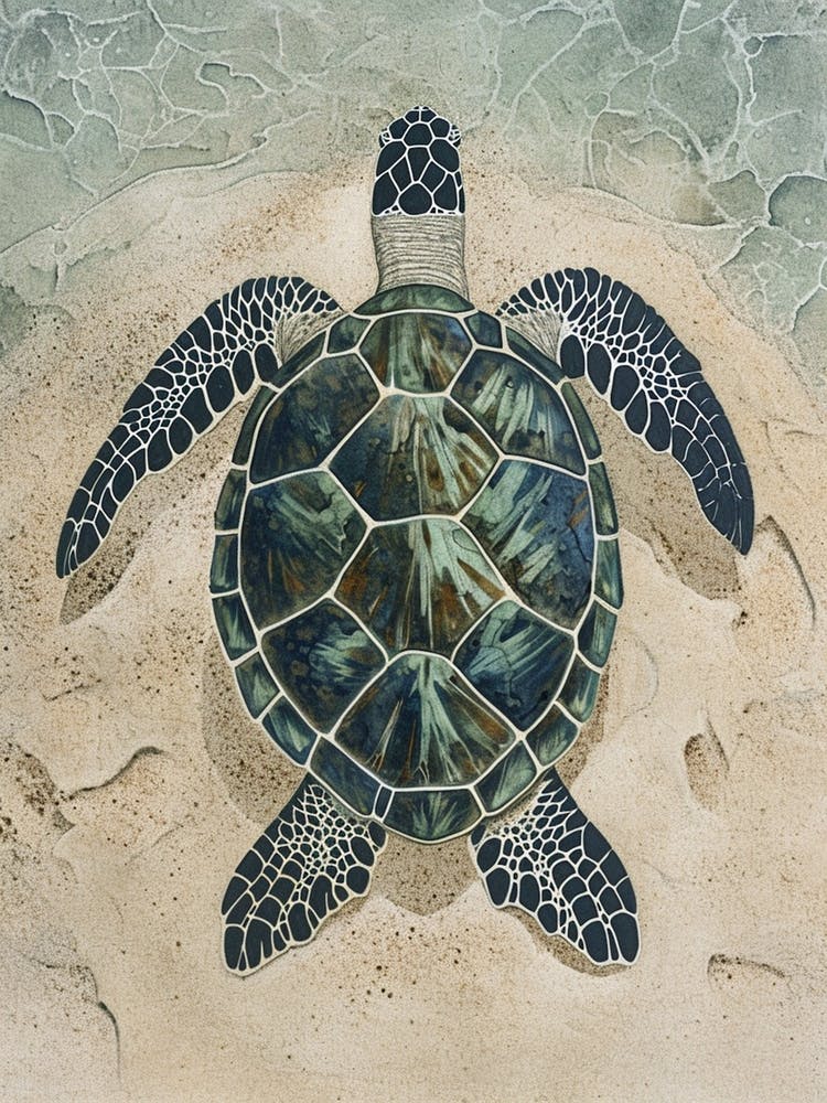 Sea Turtle On The Ocean Floor Textured Illustration 2