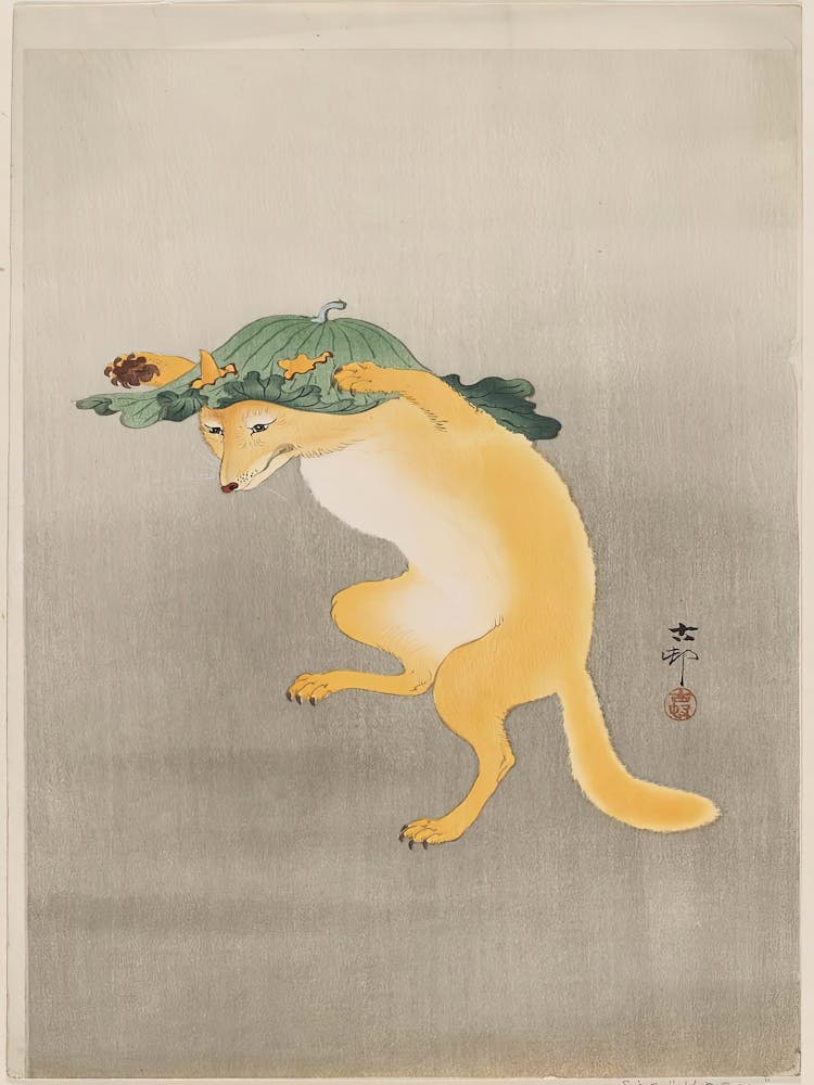 Dancing Fox With Lotus Leaf Hat (1910), Ohara Koson