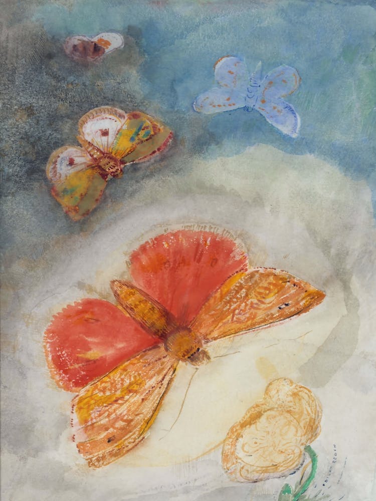 Papillons Et Fleur (Quatre Papillons Et Une Fleur), Odilon Redon