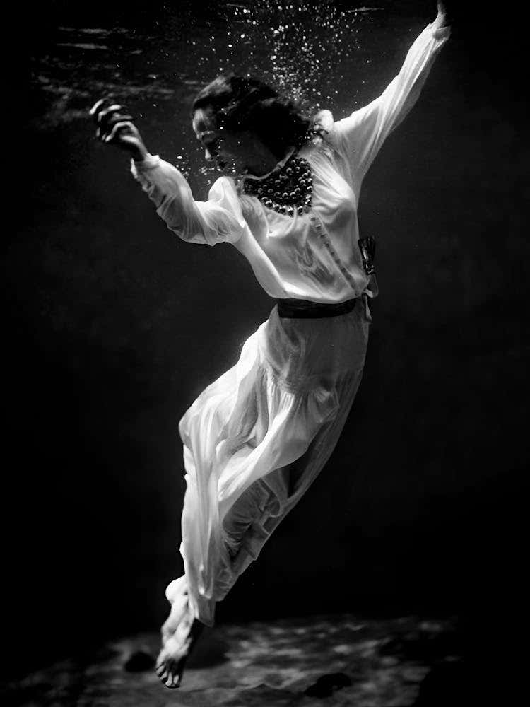 Underwater Woman In White Dress, Vintage Black and White Old Photo, Vintage Fashion