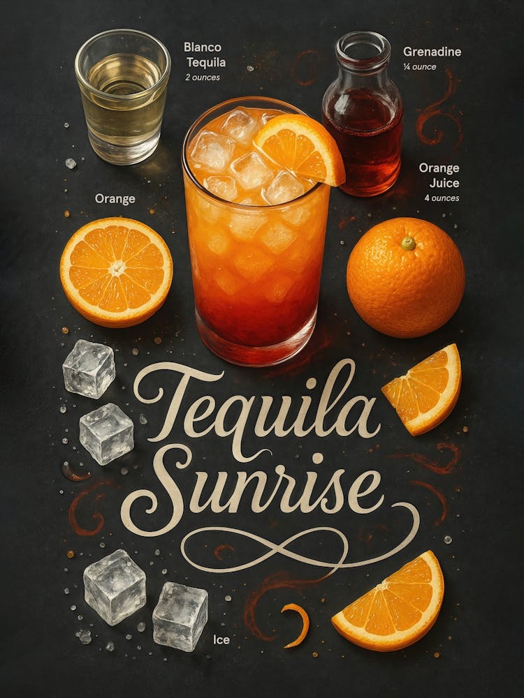 Tequila Sunrise Poster – Fruity Orange Cocktail Art: A tropical showstopper with vibrant orange, tequila, and juice – this tequila sunrise poster is pure summer energy. Perfect for beach lovers, bars, or kitchen walls craving fruity flavor and bold visual