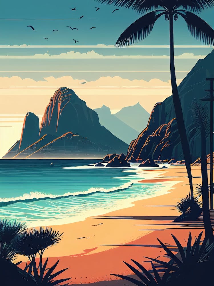 Sunrise in Rio de Janeiro, Brazil - Retro Landscape Beach and Coastal Theme Travel Poster