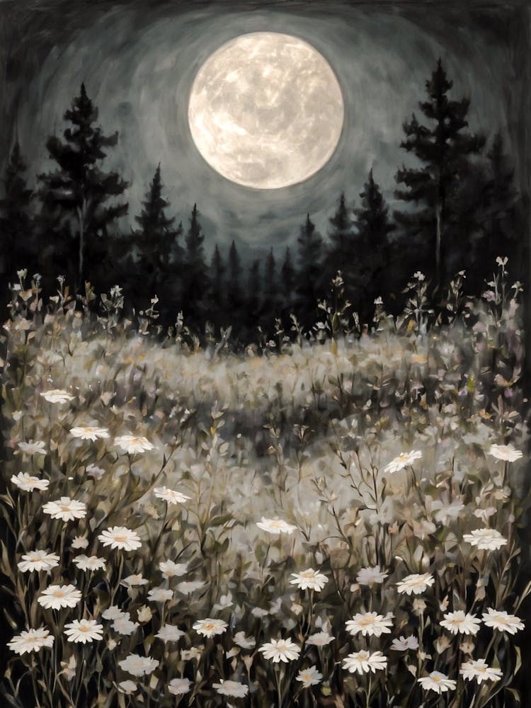 Full Moon Amongst Wildflowers | Witchy Magical Print | Neutral Tones Country Art Pagan Scenery for Feature Wall Decor Meadow Painting in HD