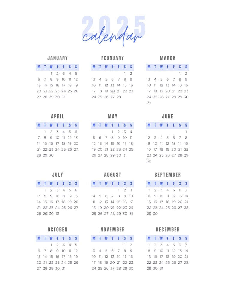Calendar For The Year 2025