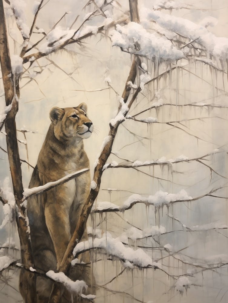 Vintage Winter Animal Painting Mountain Lion 2