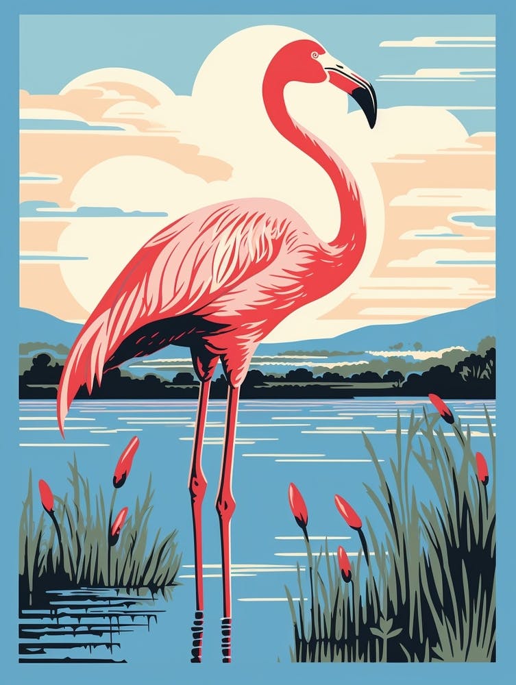Vintage Bird Linocut Greater Flamingo 3
